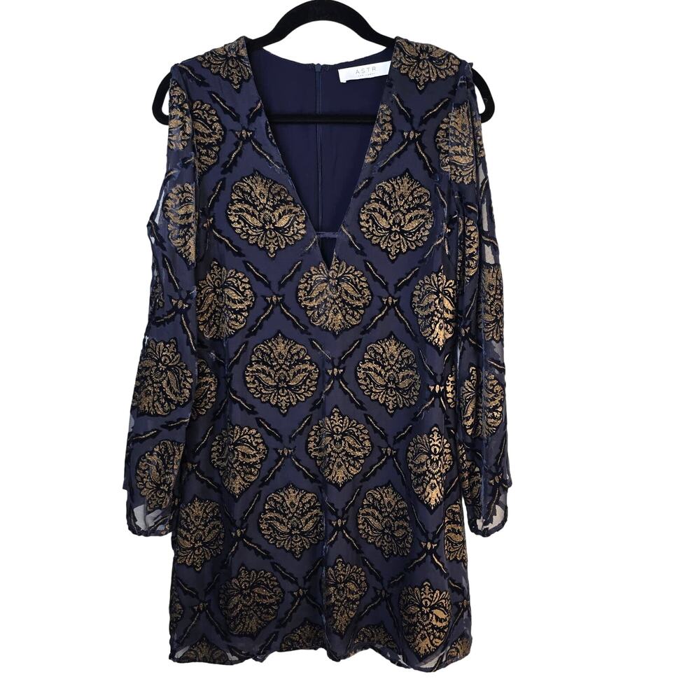 ASTR The Label Stevie Mini Dress S Navy Gold Velvet Burnout Whimsigoth Boho Chic